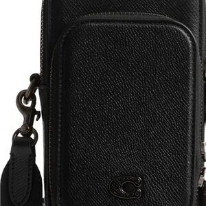 Coach Black Leather phone crossbody Bag- unisex with fabric and gold chain strap